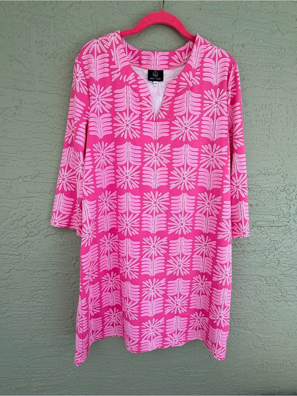 Bright Pink Printed V-Neck Long Sleeve Shift Dress